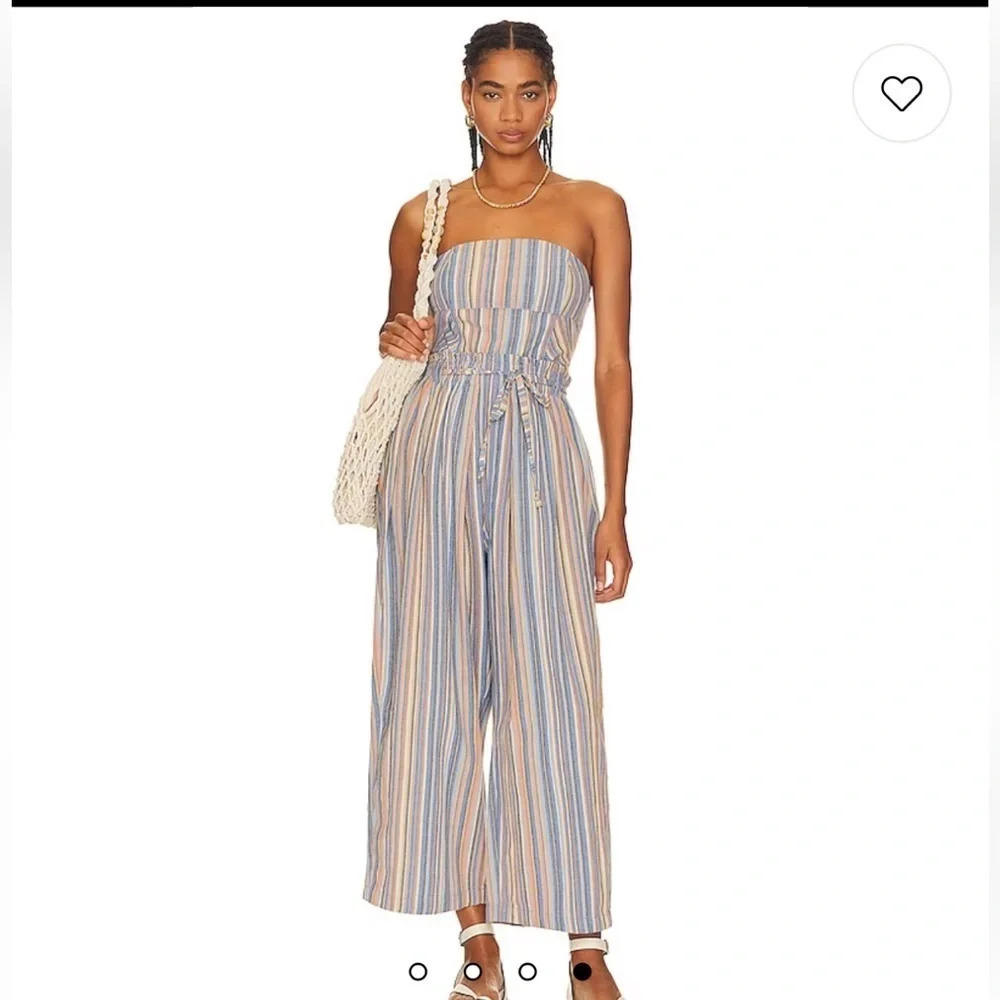 Free People Roaming Shores Cotton One Piece Jumpsuit Blue Combo XS Boho Beachy